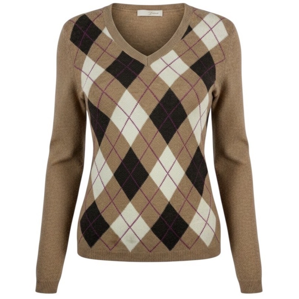 Fionn Cashmere Sweater S Tan Argyle V-Neck Preppy Academia Classic Luxury